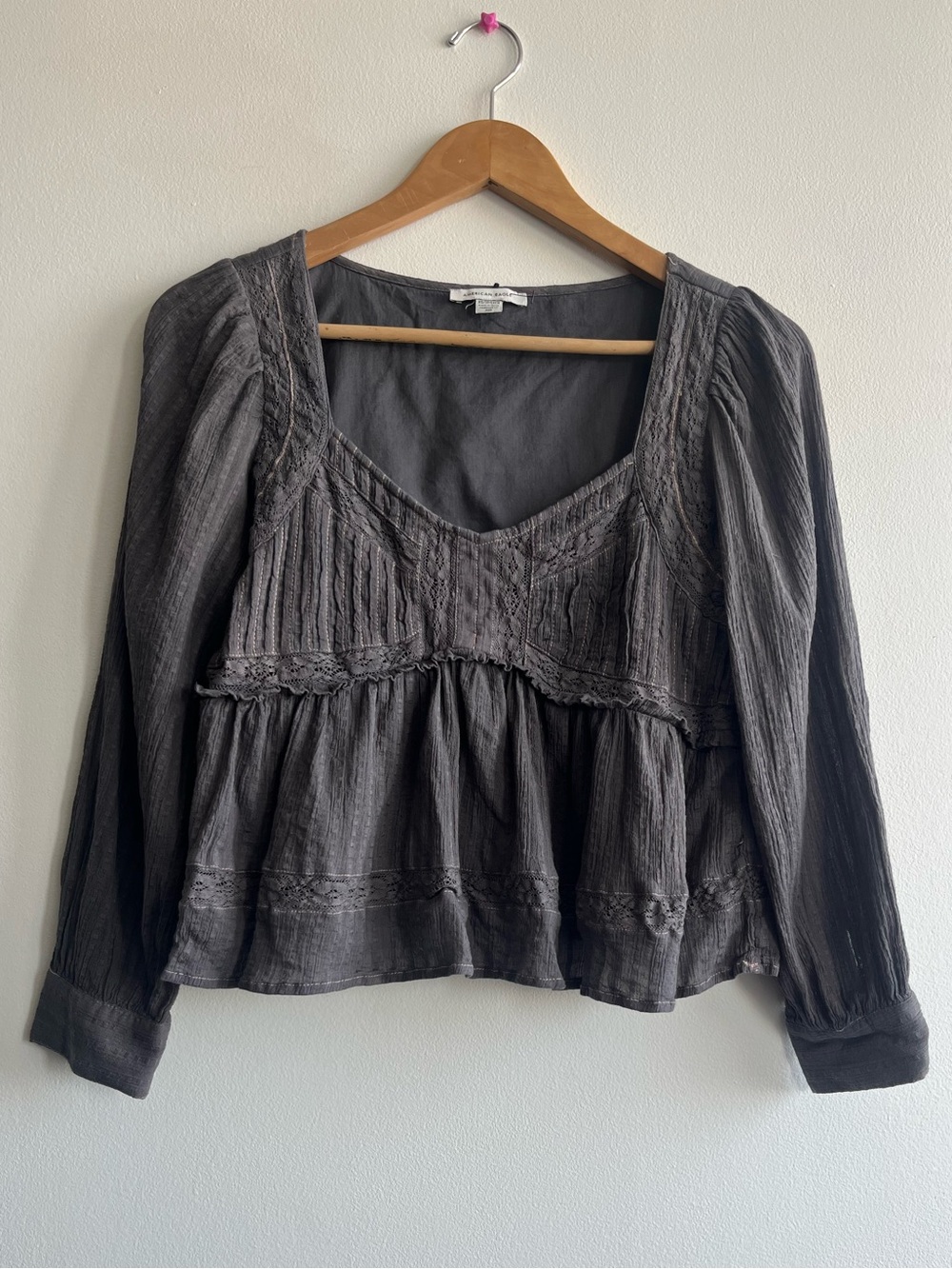 American Eagle Boho Peasant Top Gray Pintuck Babydoll Long Sleeve Cottagecore XS